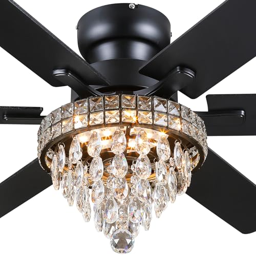 52" Low Profile Crystal Ceiling Fans with LED Lights and Remote (Black-52IN-5018)