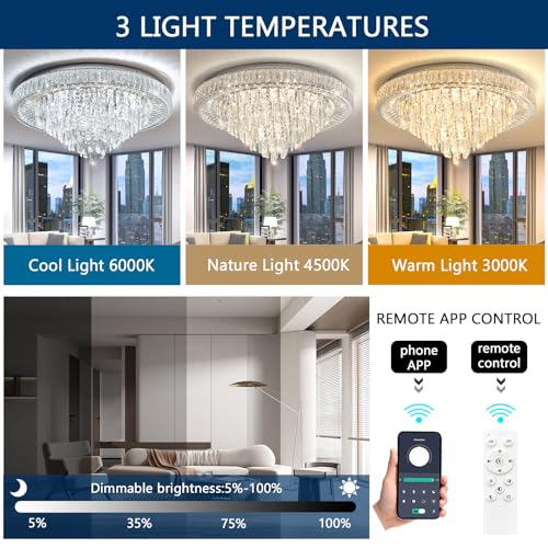 Modern Chandeliers for Living Room Crystal Ceiling Light Fixture LED Dimmable Lamp with Remote Pendant Lighting Flush Mount Ceiling Lighting for Dining Room Bedrooms (Silver / 31.5" Width)