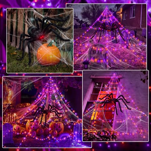 Halloween Sipder Web Lights 454 LED 16.4 FT Tall with Red Eyes Giant Spider (Orange&Purple / 16.4FT)