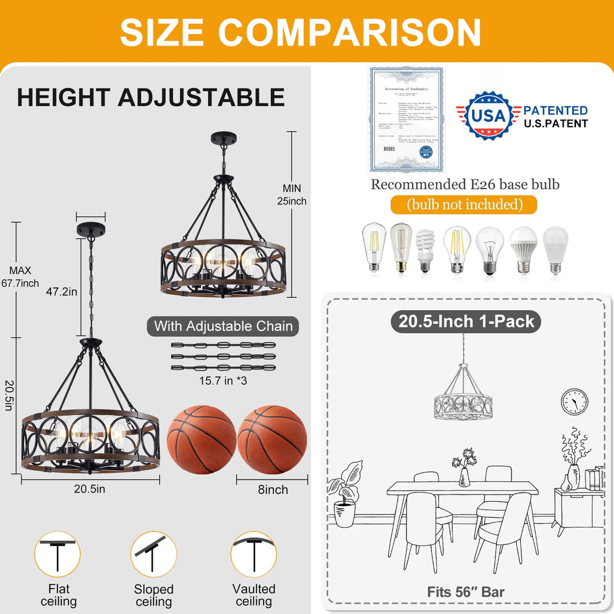 21" Dining Room Light Fixture (Farmhouse Walnut Grain-21"(Easy To Install) / 5-Light)