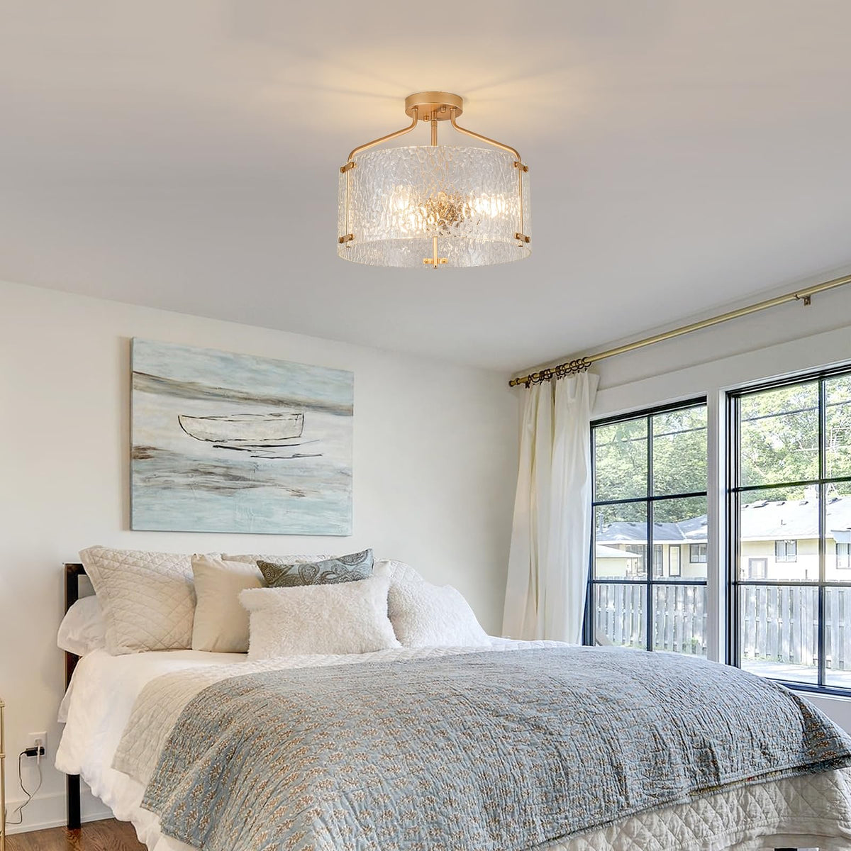Semi Flush Mount Ceiling Light Fixture Glass Drum Chandelier Entryway Light (Gold / 3-Light)