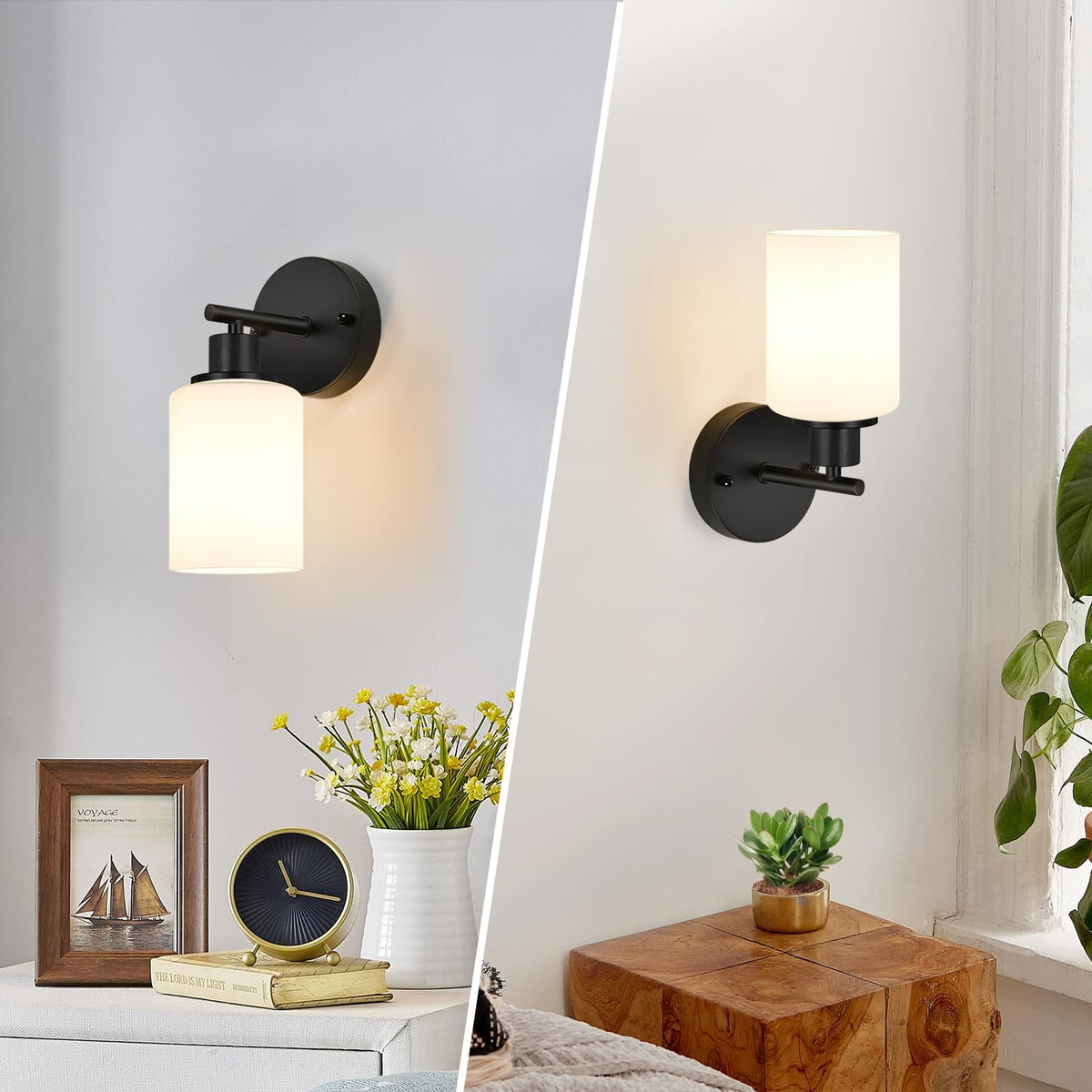 Set of 2 Wall Sconces for Bathroom (Matte Black & Milky White Glass / 1-light)