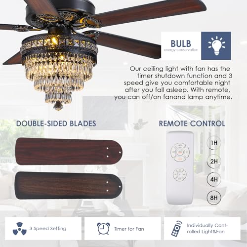 52"Black Crystal Chandelier Ceiling Fans with Lights and Remote Control (Black-52IN)