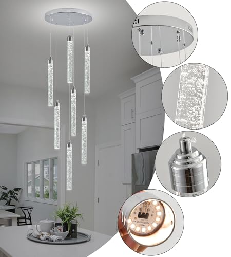 7 Lights High Ceiling Crystal Staircase Chandelier Chrome Pendant Lights Modern Spiral Raindrop Dimmable LED Bubble Cluster Ceiling Hanging Lighting Fixture for Foyer Living Room Remote Control (Chrome / 7 lights)