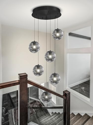 6 Light Globe Glass Pendant Light Modern Smoke Gray Glass Globe Chandelier Large Chandeliers for High Ceilings Entryway Adjustable Hanging Light for Living Room Foyer Hallway (Smoke Grey / Globe 6-Light)