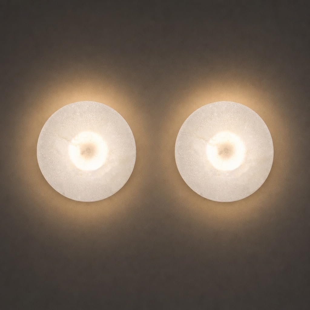 7.87 Inches 2PCS Round Alabaster Wall Sconce Marble Light Hardwired Wall Sconce for Bedroom Marble Stone Light Decor for Wall Lamp Natural Stone Material Wall Lamp for Stairs (7.87"-2PCS)