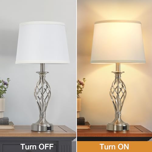 Table Lamp for Bedroom Set of 2 with USB C+A Ports (Silver Base + White Lampshade)