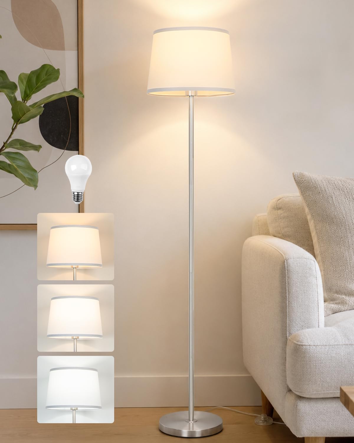 Floor Lamp for Living Room (Silver+White Shade)