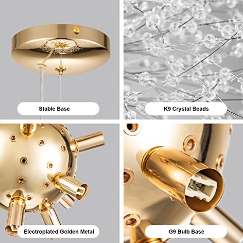 Modern Crystal Chandelier Light Fixture Gold Firework Dandelion LED Bedroom Kitchen Island Pendant Ceiling Chandeliers for Living Room Dining Room