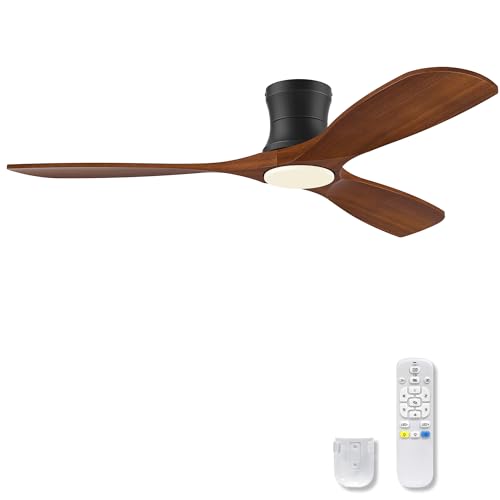 52Inch Wood Low Profile Ceiling Fans with Lights Remote (Walnut Wood& Black)
