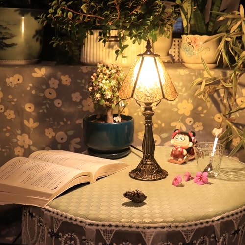 Tiffany Style Table Lamp Yellow Rippled Stained Glass Lamp 14 Inch (Yellow Rippled)