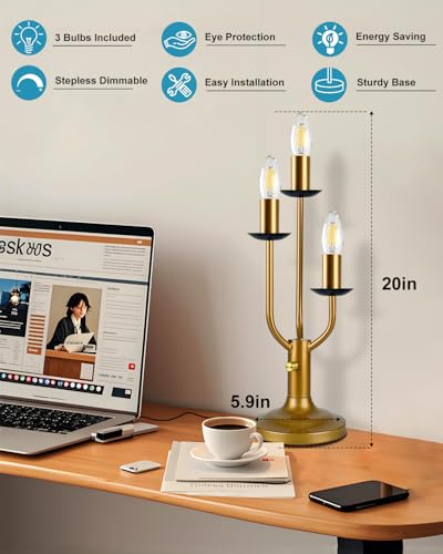 Vintage Candelabra Table Lamp Dimmable Gold Lamp 3 Bulbs Included (08-Gold 3-Light Candelabra)