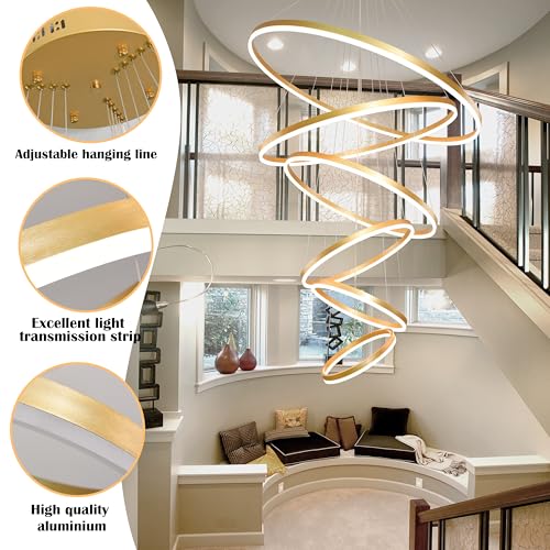 47.2" Modern Gold Led Chandelier 6 Rings Pendant Lights Dimmable Height Adjustable Chandeliers Color Temperature Gold Chandelier Led Pendant Light for Dining Room Entryway Bedroom (Gold / 6Ring-47")