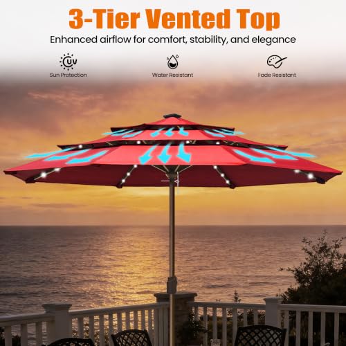 USA 10-Year-Non-Fading 10ft 3-Tier Market Patio Umbrella, Commercial Table Umbrella with 80 Solar LED Lights, Crank Open, Windproof & UPF 50+ UV Protection for Garden, Deck, Pool, Backyard, No Tilt, Logo Red (Logo Red / 10FT(Triple Vents No Tilt))