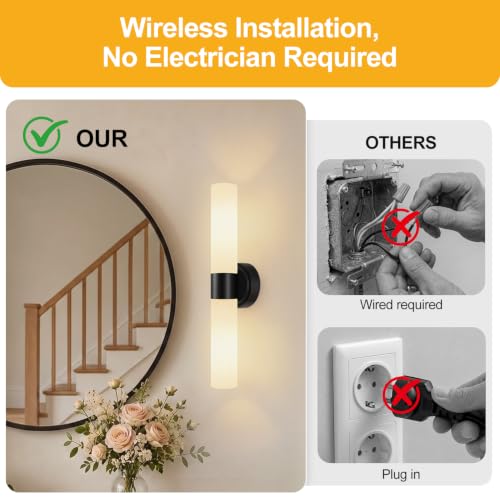 Rechargeable Wall Sconces Set of Two (Matte Black & Milky White Glass / Battery-22 Inch-2PC)