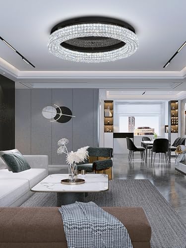 40'' Crystal Chandelier Light Fixture Large Chandelier for Living Room Crystal Flat Mounted Ceiling Lights Dining Room Bedroom Dimmable 2700 (Black / Dia 40inch)