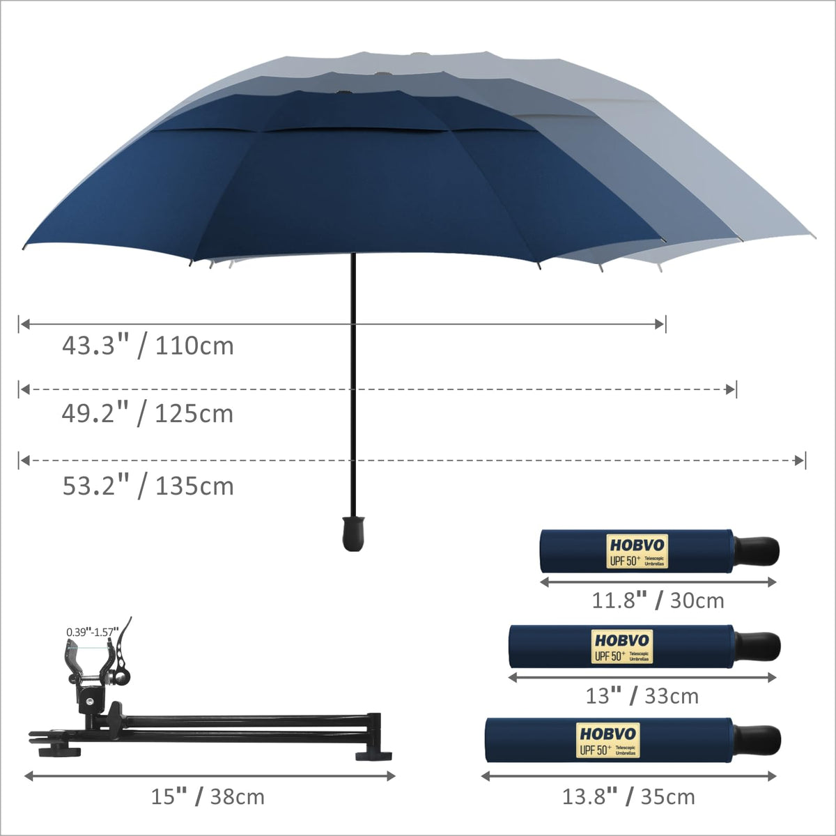 UPF 50+ Golf Umbrella with Adjustable Universal Clamp Portable Umbrellas for Rain (Bavy Blue / 43.3")
