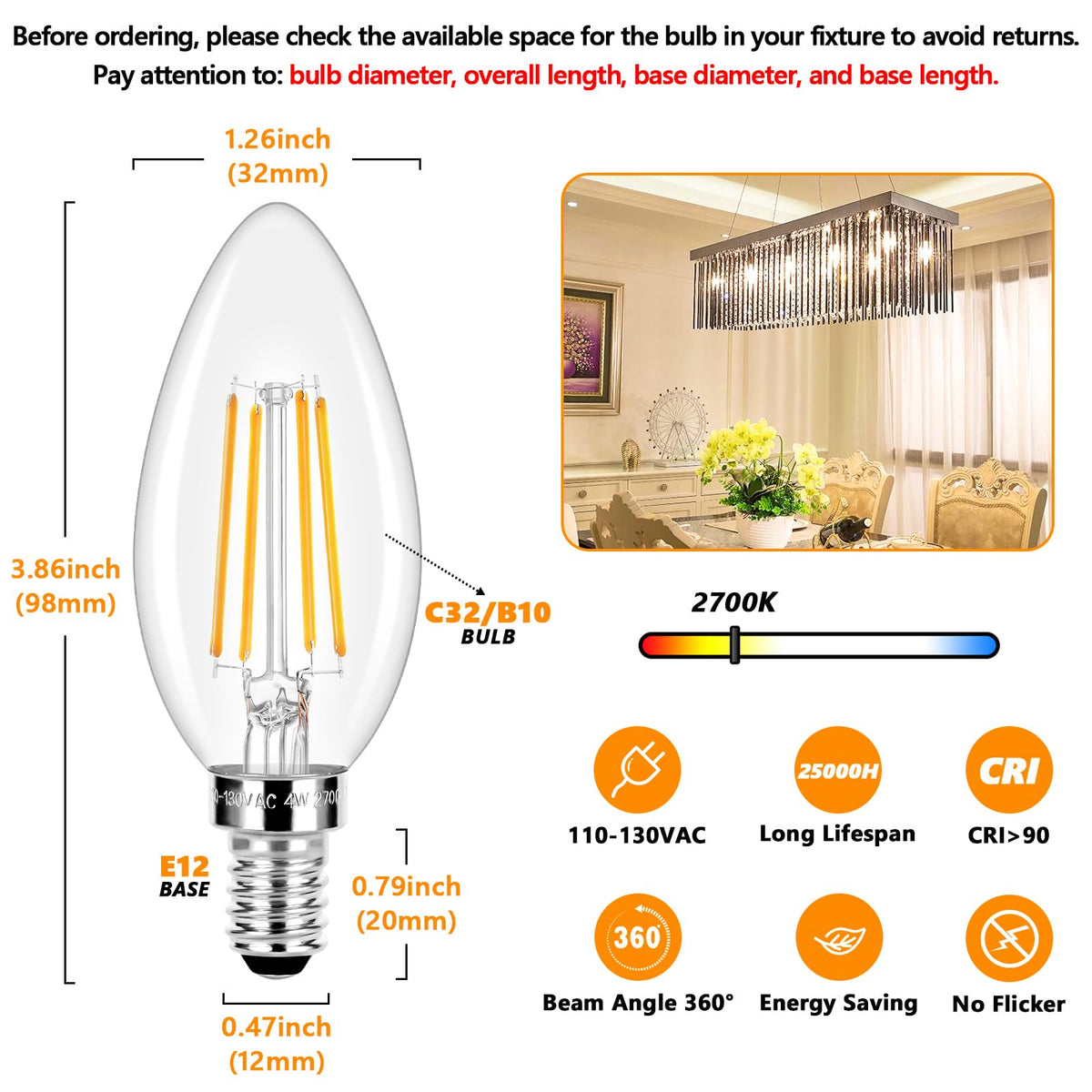 E12 LED Candelabra Bulbs 40 Watt Equivalent (Warm White 2700k / 40w 10 Count (Pack of 1))