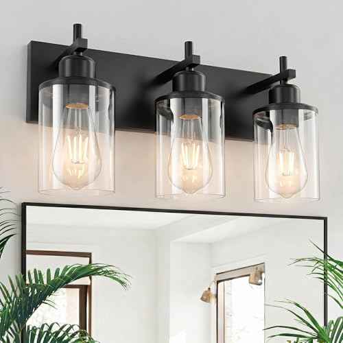 4 Light Black Bathroom Light Fixture Over Mirror Modern Farmhouse Bathroom Vanity Light Vintage Wall Lighting with Clear Glass Shade for Bathroom (Black / 4-Light)