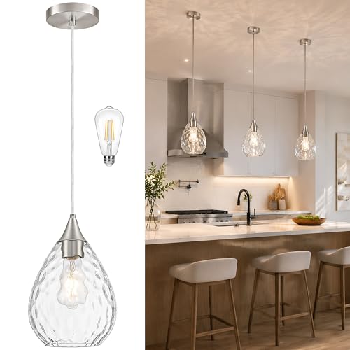 Nickel Glass Pendant Lights Kitchen Island 8" Pendant Light Fixtures Hammered Clear Glass Height Adjustable Modern Hanging Pendant Lights for Dining Room Bedroom Hallway Sink Bulb Incl (Nickel, 1 PK / 8 Inch)