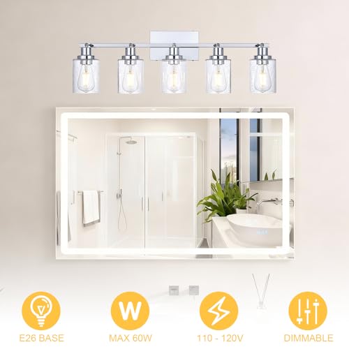 5 Light Chrome Track Light Fixture Ceiling Track Lighting Kit with Seeded Glass Track Lighting Heads Ceiling Vanity Light (Chrome / 5-Light)