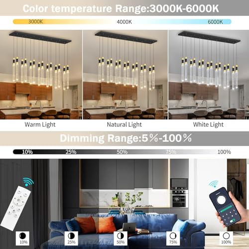 14 Lights Modern Rectangular Chandeliers for Living Room LED Dimmbale Light Fixture for High Ceiling Pendants Lighting for Dining Room (14 lights Rectangular)
