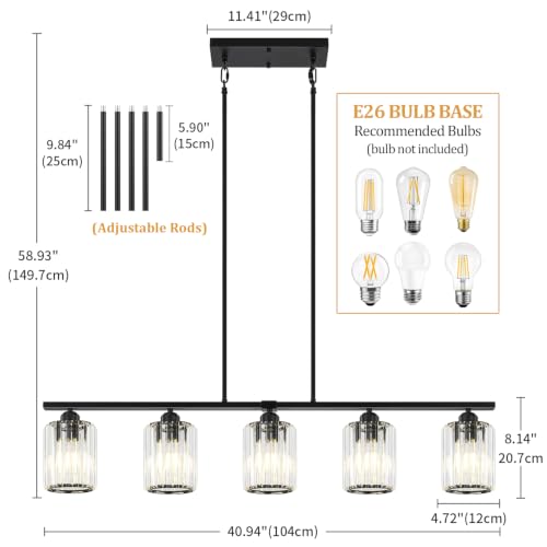 Modern Island Lights for Kitchen Crystal Linear Black Chandelier Over Table (Black-5 light)