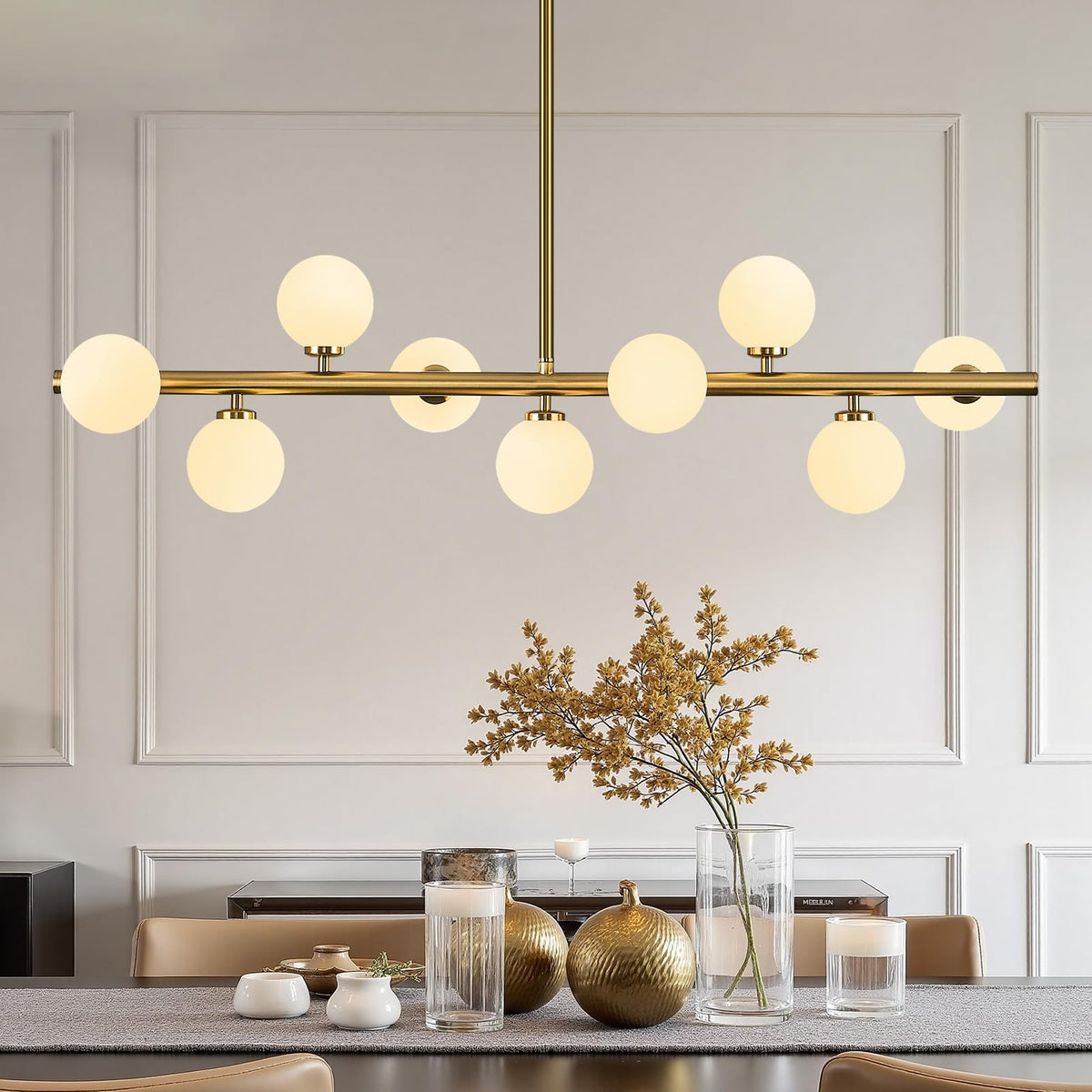 Linear Sputnik Dining Chandelier (Gold + White / 9-Light 40 Inch)