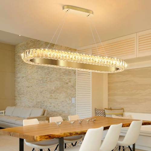 32'' Oval Ring Crystal Chandelier Modern LED Dimmable Ring Pendant Light Chandelier for Dining Room Living Room Gold (Gold / 1 Ring Oval 32")