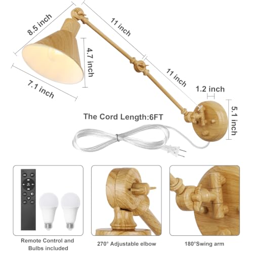 Dimmable Wall Sconce (Oak color / 2 Pack- (Remote+Bulbs))