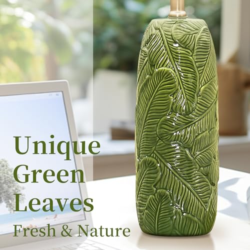 25" Green Ceramic Table Lamps for Living Room Set of 2 with Leaves Design (Green-L)