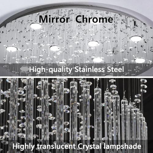 W40 x H120 Glam Chandelier with LED Bulbs Crystal Raindrop High Ceiling Pendant Light for Entrance Large Villa Chandelier Foyer Lighting Fixtures Silver (Silver / Round W40" X H118")