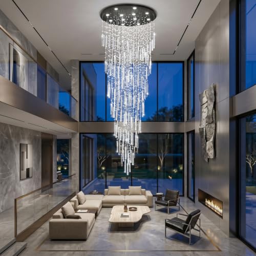 D32'' x H100'' Modern Crystal Chandelier High Ceiling Chandeliers for Entryway Glam Chandelier Large Raindrop Chandeliers LED Dimmable Light Fixtures for Staircaes Foyer Hallway Living Room Black (D32" x H100" Black)