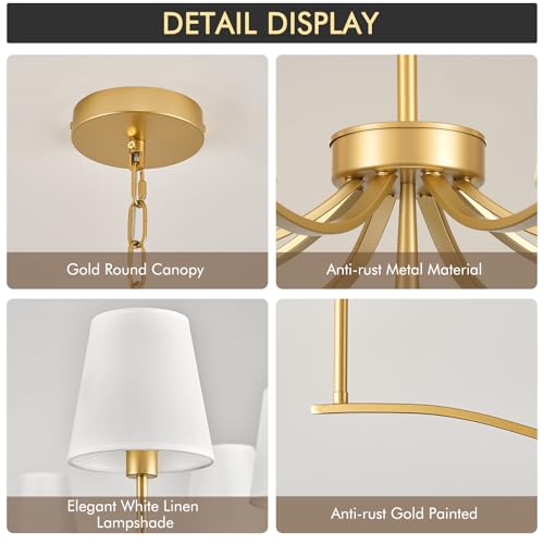 8 Light Brass Gold Chandelier with White Fabric Shade 44'' Linen Dining Room Chandeliers Over Table Kitchen Chandeliers Light Fixture for Living Room Bedroom Entryway Home Office (Gold & Linen / 43.7 inch)