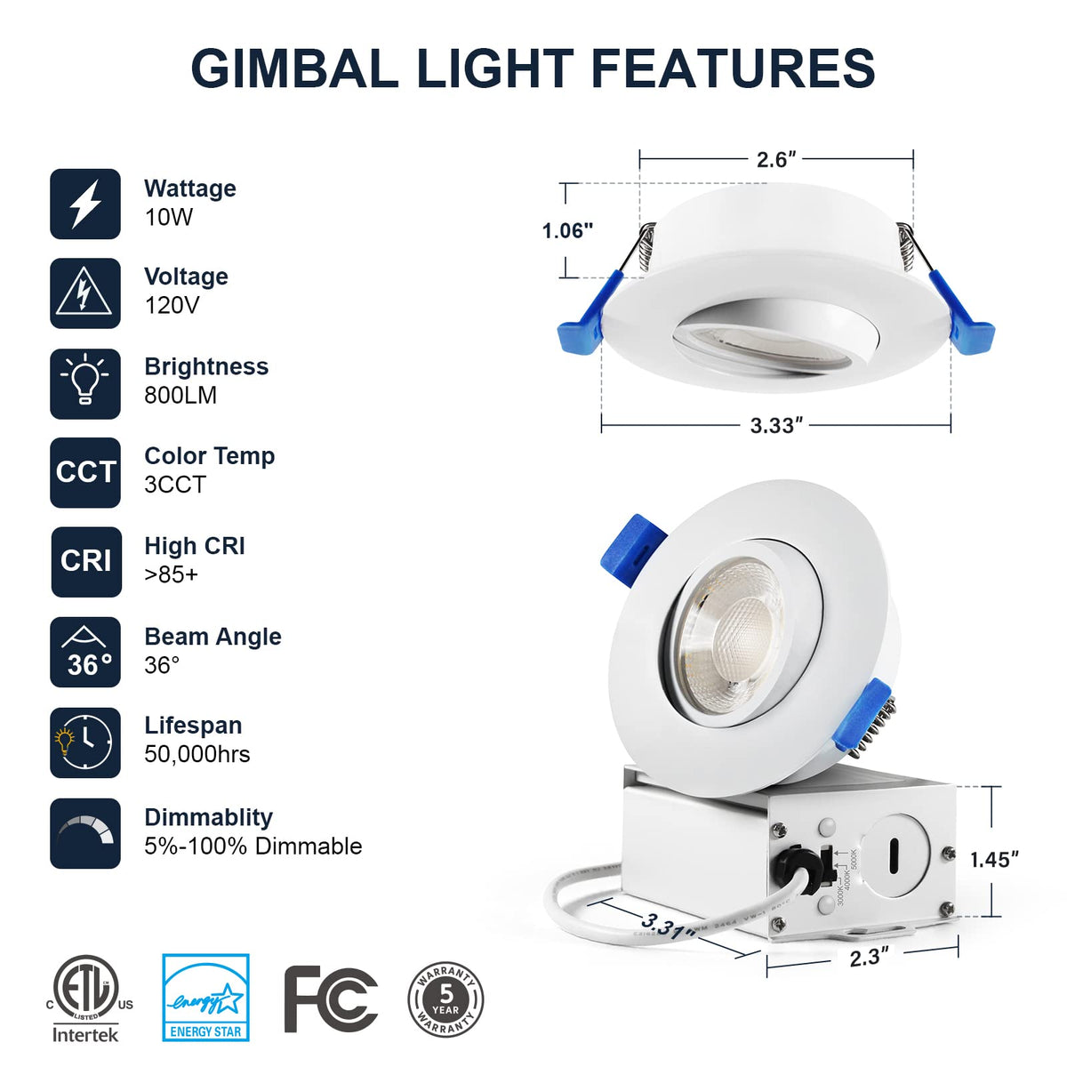 4 Packs 3 Inch Gimbal Led Recessed Light with Junction Box 10w (3CTT- 4 PCS / Adjustable Eyeball 3CTT※ 3 inch (4 Pack))