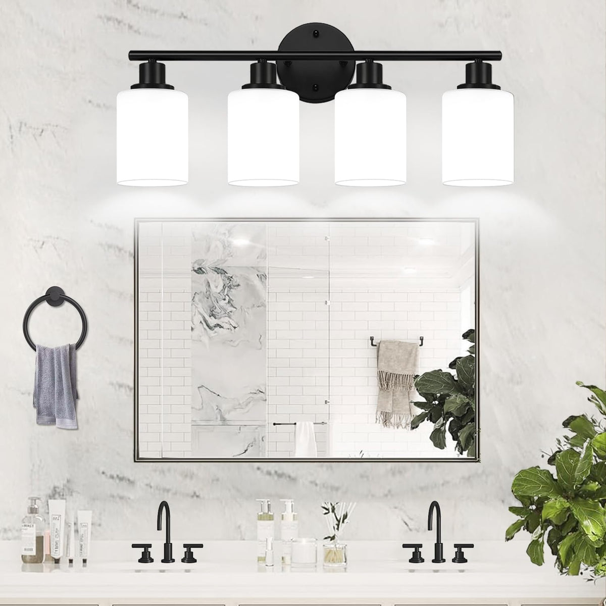 4 Light Bathroom Light Fixtures (Matte Black & Milky White Glass / 4-light)