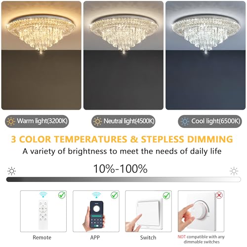 Modern Silver Crystal Chandelier LED Ceiling Light Fixture Raindrop Chandeliers Dimmable Lighting for Living Room Dining Room Entryway Bedroom (Silver / W32")