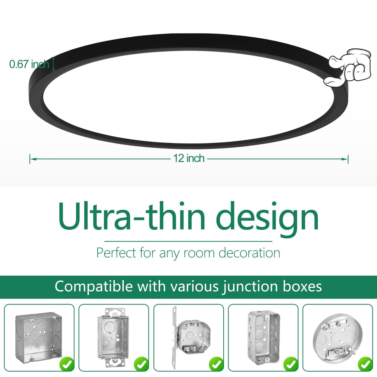 12 Inch LED Flush Mount Ceiling Light Fixture (5CCT-Black / 12 Inch-6 Packs)