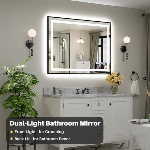 48x36 Inch LED Bathroom Mirror with Black Frame (Backlit+front Lit With Black Frame / 48"L x 36"W)