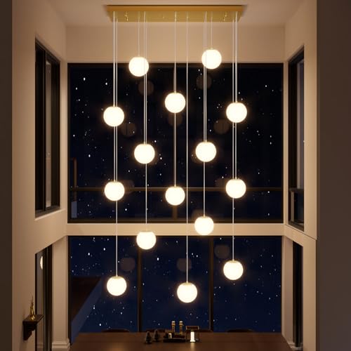 16 Light Gold Chandelier with White Globe Glass Dimmable Ceiling Light Glass Pendant Light for Kitchen Island (Gold-White / Rectangle 16-Light)