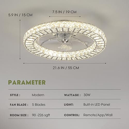 22" Modern Crystal Chandelier Ceiling Fan With Light (Silver - 22 Inch)