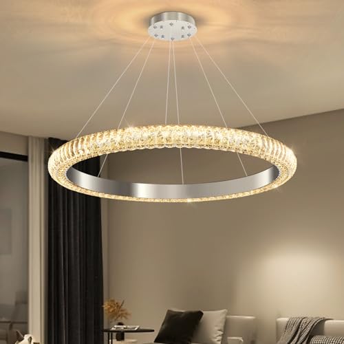 31.5" 1 Ring Crystal Chandelier Modern LED Dimmable Ring Pendant Light Chandelier for Dining Room Living Room Silver (Silver / 1 Ring Round 32")
