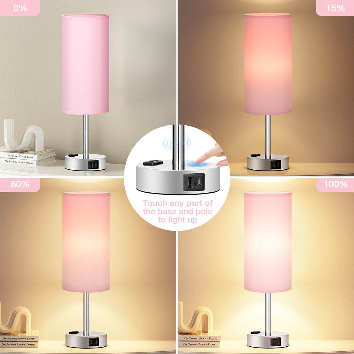 Pink Bedside Lamp for Bedroom (Pink - Silver / 14")