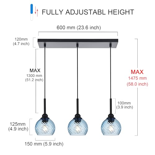 3 Light Island Lights for Kitchen with Striped Swirl Globe Glass (Blue / 3-Light-Straight Bar)