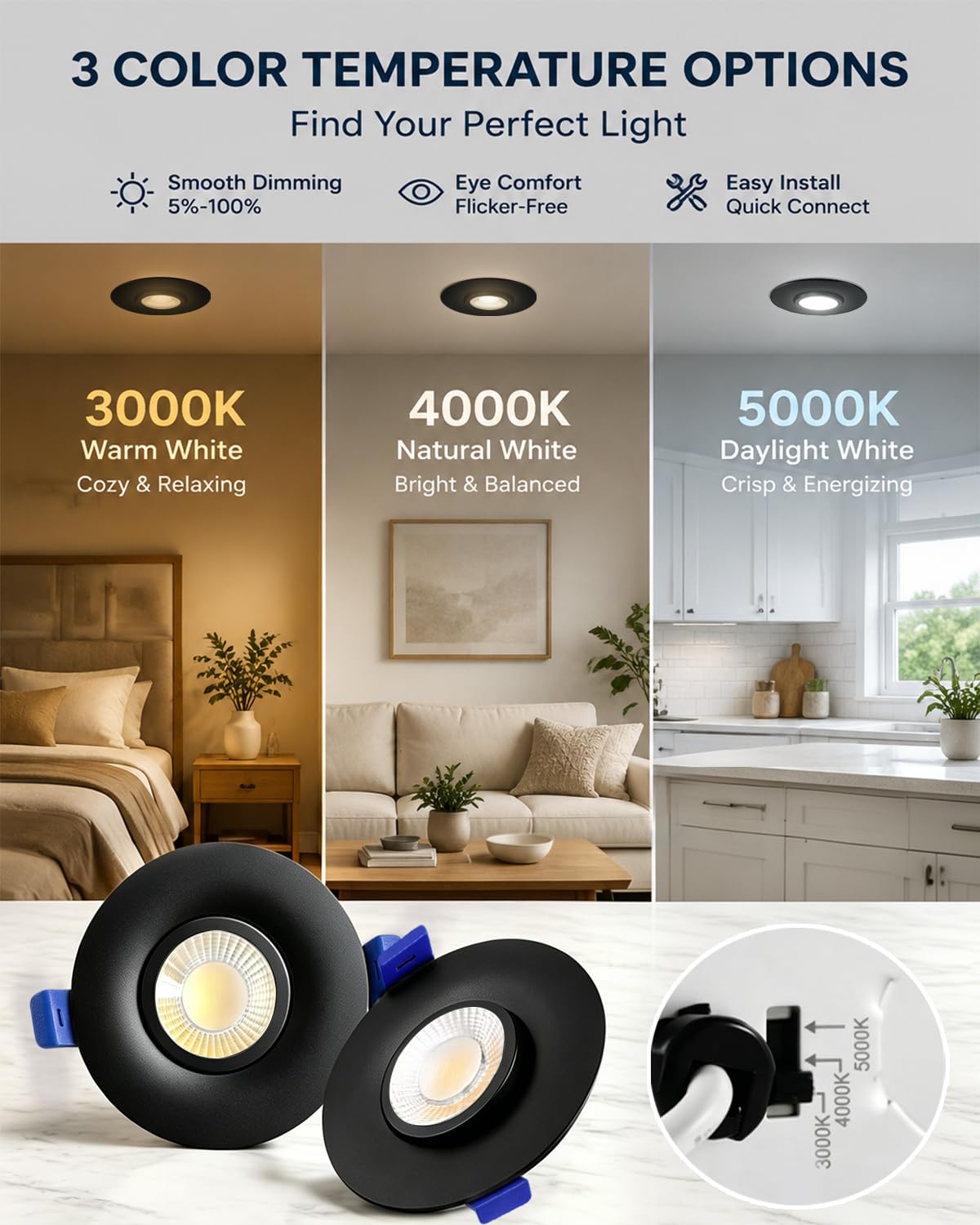 Black 6 Packs 3 Inch 3CCT Gimbal Led Recessed Light with Junction Box 10w (Black 3CCT / 3in 6pack)
