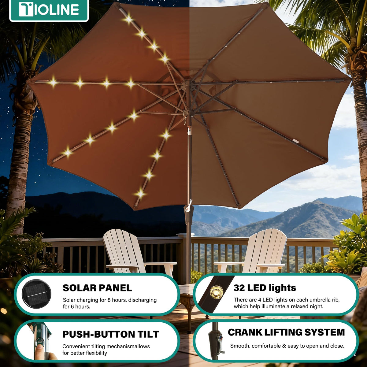 9' Patio Umbrella lights  Outdoor Umbrella Patio for backyard brown (Brown / 9FT)