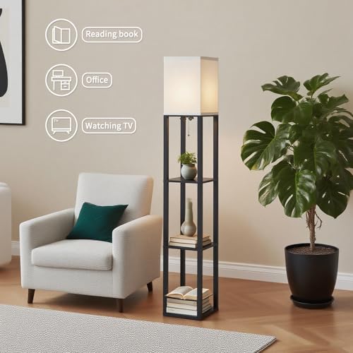 Floor Lamp with Shelves (Black(White Shade))