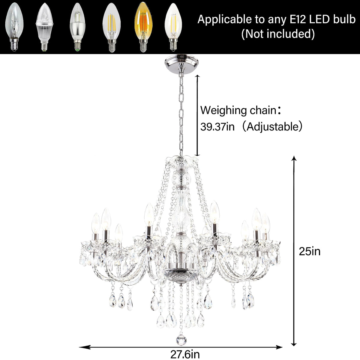 Acrylic Crystal Chandelier Clear 25 * 27.5in 10 (Clear / 10-Light)