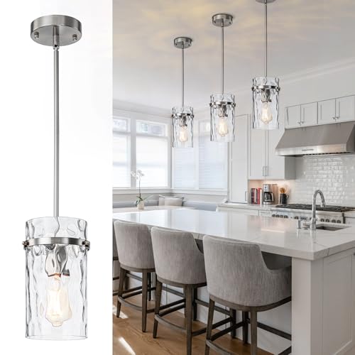 Modern Brush Nickel Hammered Glass Pendant Lights for Kitchen Dining Room (Nickel-1 Pack)