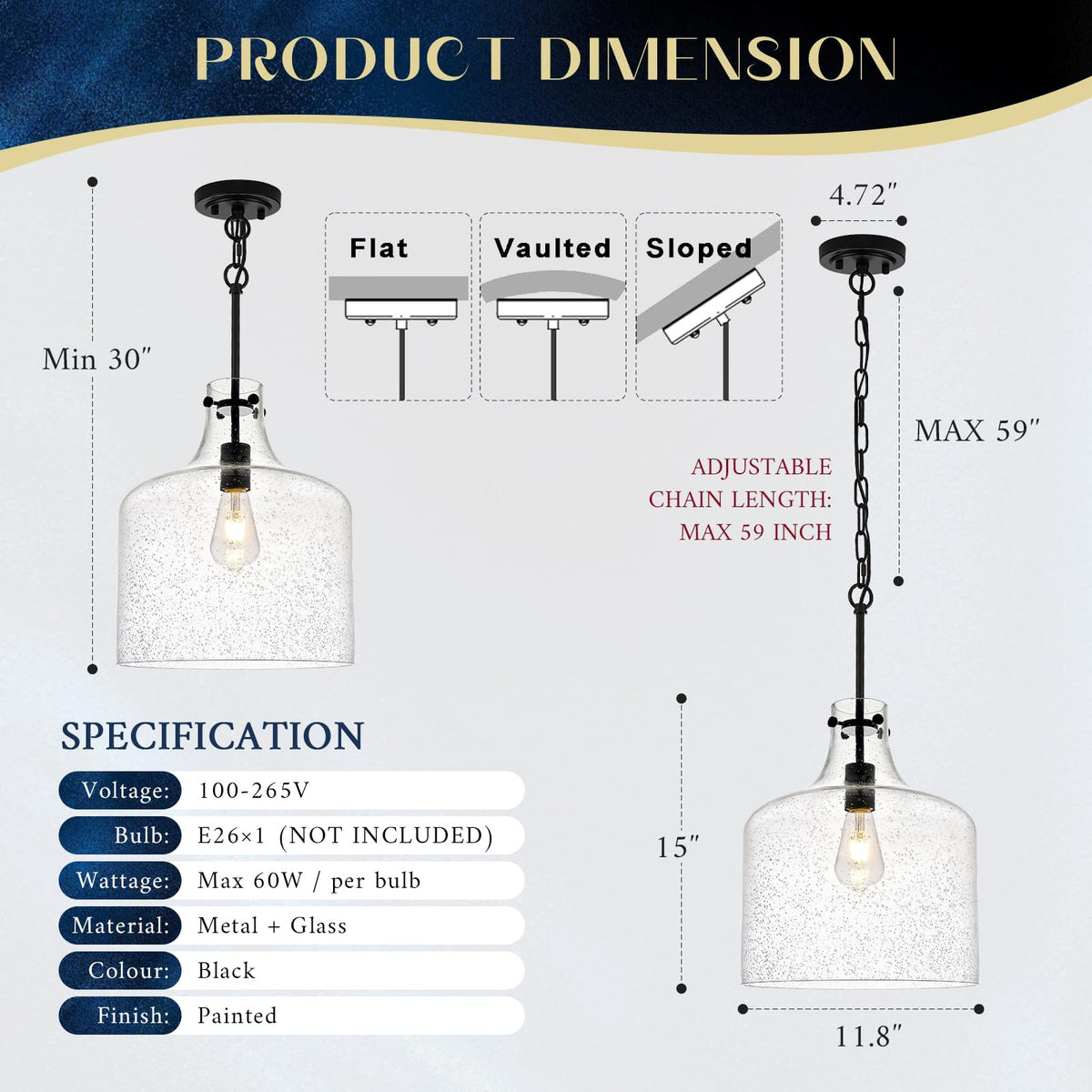 12" Black Seeded Glass Pendant Light (Black Seeded)
